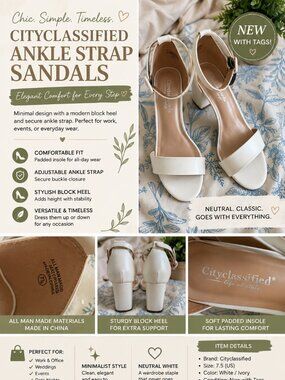Cityclassified White Block Heel Sandals Size 7.5 Ankle Strap Heels Minimalist